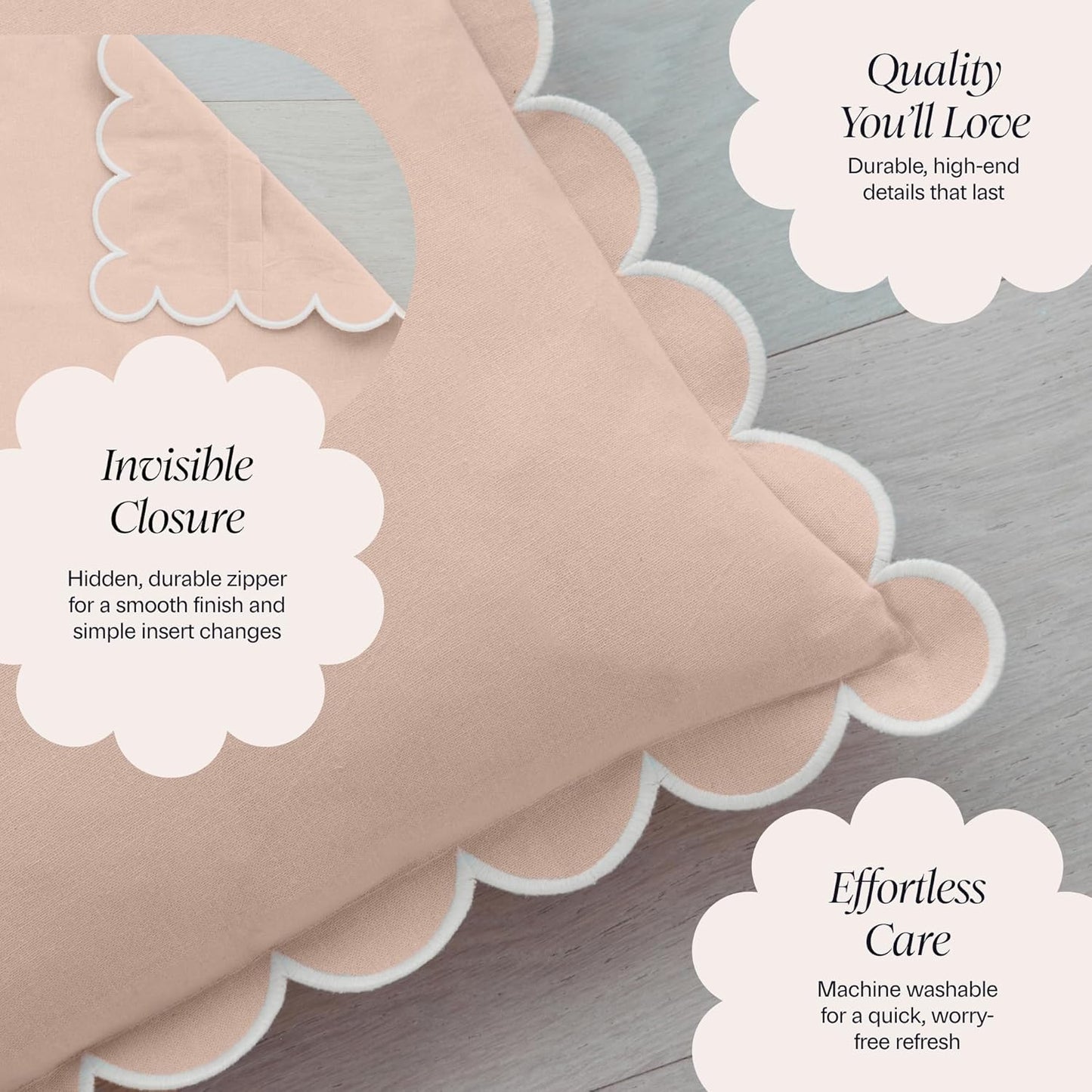 BEBE BASK Scalloped Pillow Cover - Set of 2-18 x 18 Inch - Scallop Pillow Covers – Peach Pink Scalloped Pillows - Scallop Pillows - 100% Cotton - Grandmillennial Style (Peach Pink/White)
