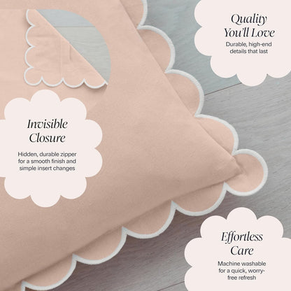 BEBE BASK Scalloped Pillow Cover - Set of 2-18 x 18 Inch - Scallop Pillow Covers – Peach Pink Scalloped Pillows - Scallop Pillows - 100% Cotton - Grandmillennial Style (Peach Pink/White)