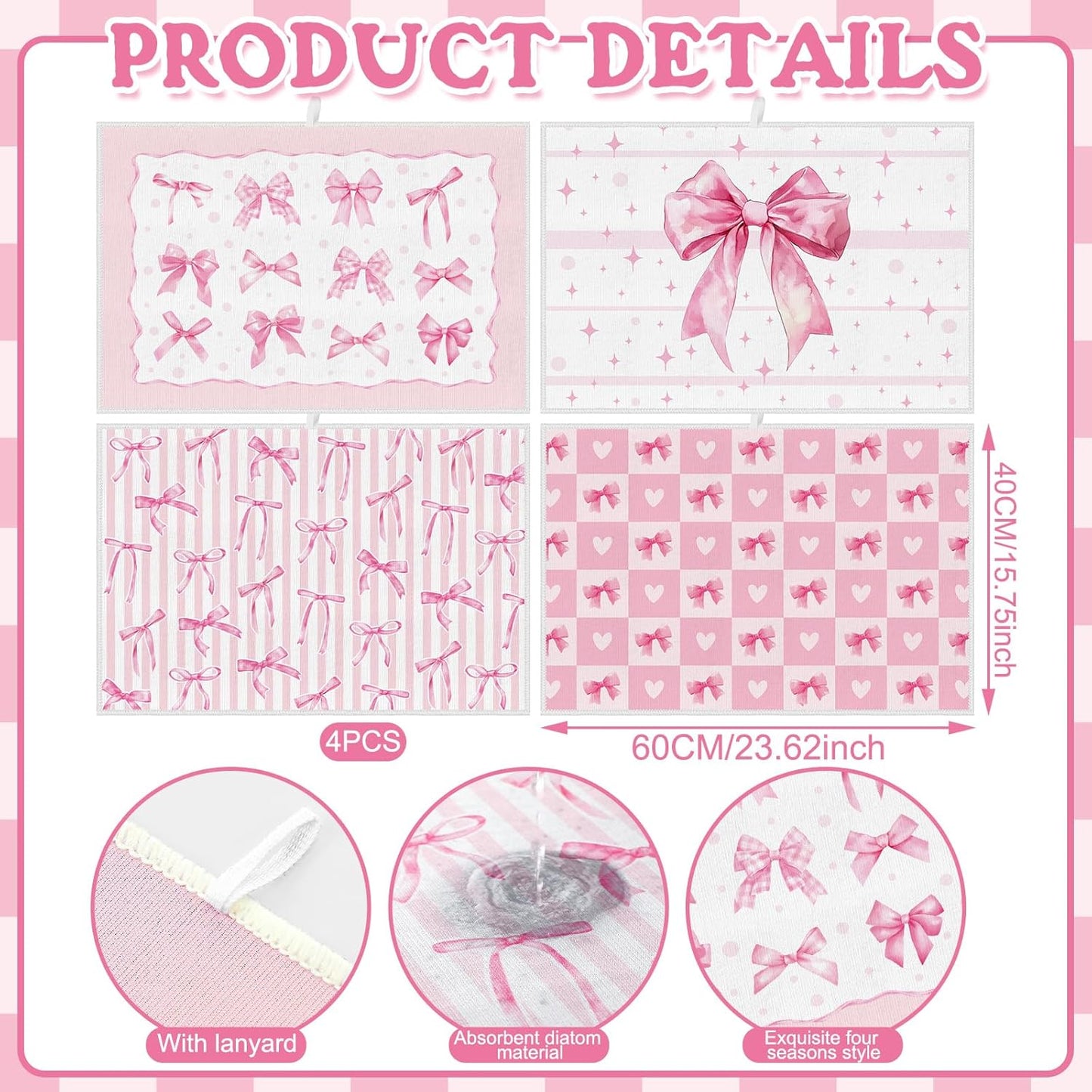 Teenyyou 4 Pcs Pink Bow Dish Drying Mats for Kitchen 24"x 16" Aesthetic Pink Bowknot Microfiber Absorbent Washable Drainer Mat for Women Counter Home Decoration Accessories Gifts