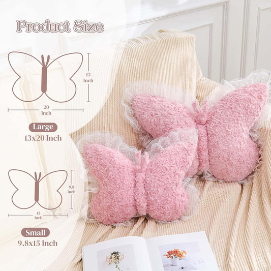 XVTRU Butterfly Pillow Dusty Pink Decorative Pillows 15" Butterfly Shaped Cute Throw Pillows with Lace Aesthetic Bow Plush Cushion for Room Decor Bed Sofa Couch