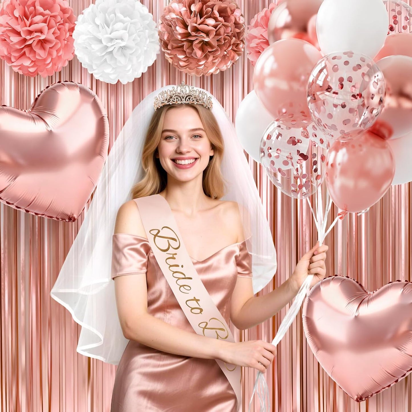 Bachelorette Party Decorations, 44Pcs Rose Gold Bridal Shower Decorations Include Bride to be Balloons Sash Veil Crown and Heart Balloon Fringe Curtain for Bachelorette Engagement Wedding Decoration