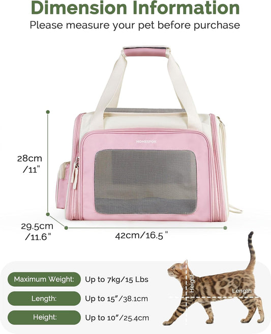 Homespon Soft-Sided Cat Carrier Dog Carrier, 34.5L Airline Approved Pet Carrier, Collapsible Travel Bag with Removable Bed for Small Dogs & Cats (Pink)