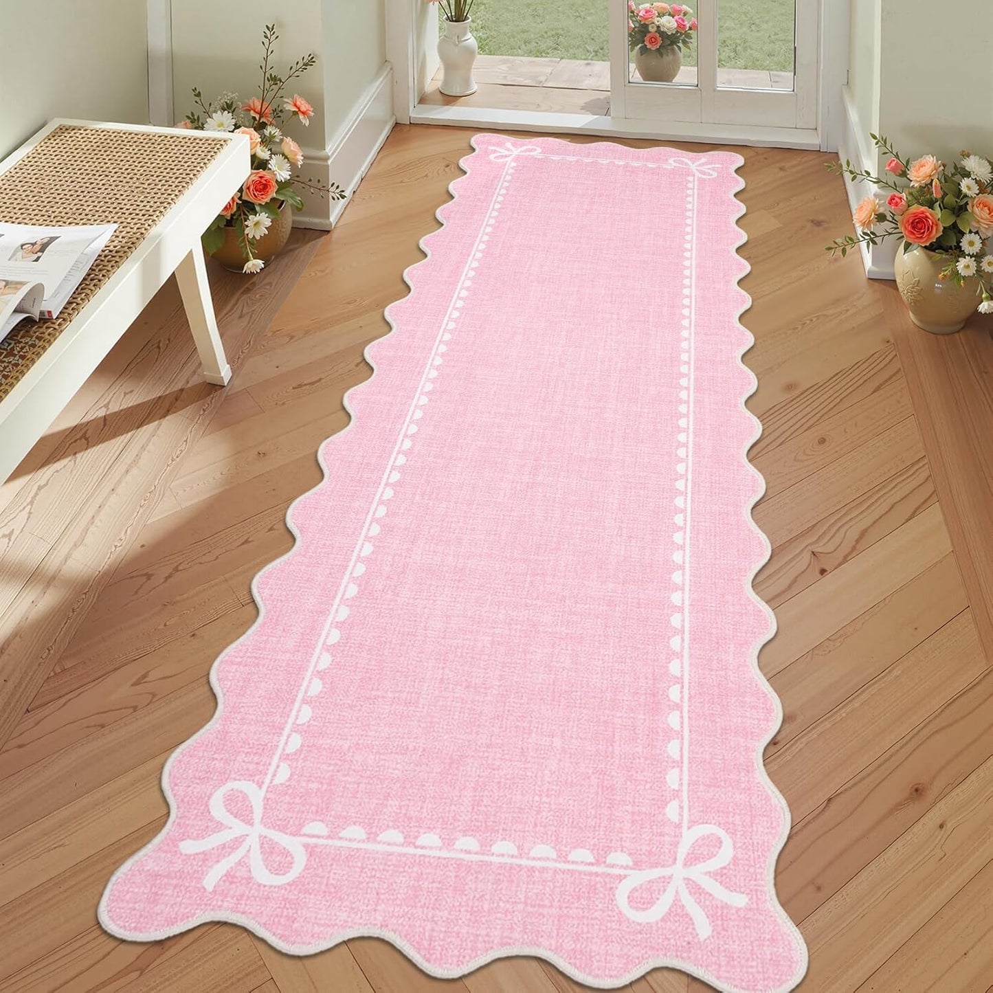 GarveeHome Scalloped Bow Rug for Living Room, Solid Pink Rug for Dorm, Washable Runner Rugs 2x6 Soft Low Pile Non Slip Scalloped Rugs for Nursery Bedroom Decor Hallway Entryway Playroom
