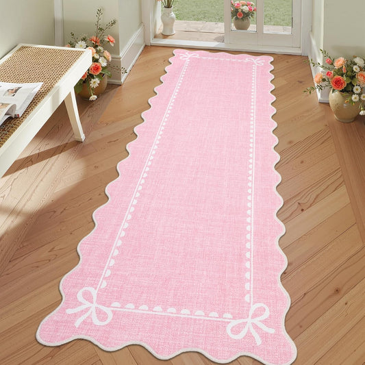 GarveeHome Scalloped Bow Rug for Living Room, Solid Pink Rug for Dorm, Washable Runner Rugs 2x6 Soft Low Pile Non Slip Scalloped Rugs for Nursery Bedroom Decor Hallway Entryway Playroom