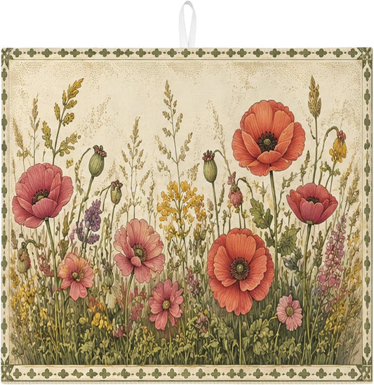 Floral Dish Drying Mats for Kitchen Counter, Vintage Peach Absorbent Dish Drainer Mat, Spring Garden Microfiber Drying Pad for Coffee Bar Protector 16x18 Inch