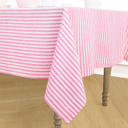 Solino Home Linen Tablecloth 60 x 120 Inch - Amalfi Stripe 100% Pure Linen Pink and White Table Cloth for Rectangle Tables - Machine Washable Tablecloth for Summer