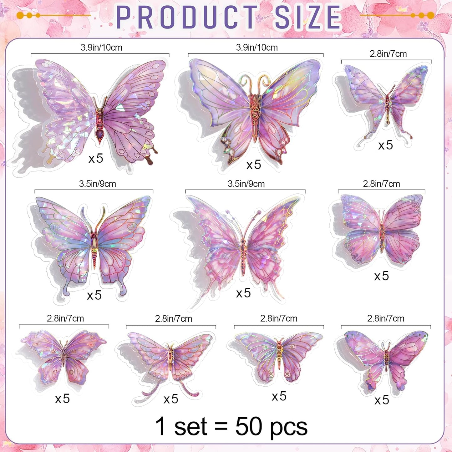 3D Butterfly Wall Decor - 50PCS Removable PVC Butterflies Wall Stickers- Multi-Size (2.8"-3.9")- DIY Removable Wall Art Decal for Kids Room, Nursery, Bedroom, Classroom, Party Decoration (Pink)