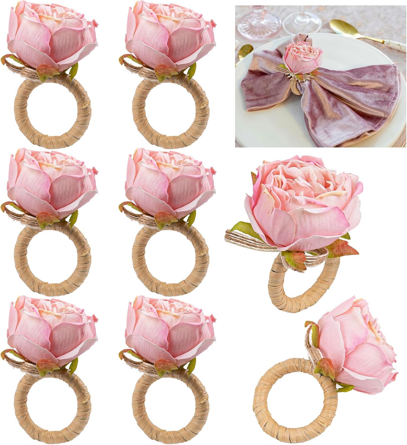 Framendino, 8 Pack Pink Flower Napkin Rings Set Table Decoration for Wedding Picnics Banquet Luncheons Valentine's