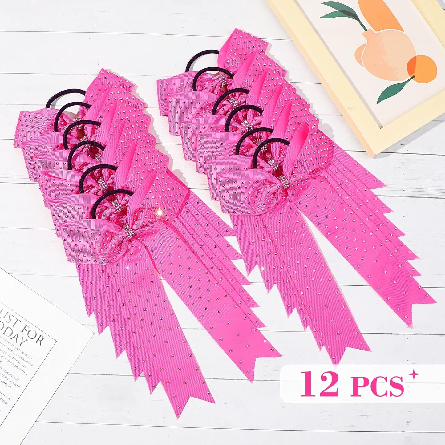 DEEKA 12 Count Pink Collegiate Style Cheer Bows with Rhinestones - Handmade Hair Accessories for Girls, Teens, Cheerleaders and Softball Players