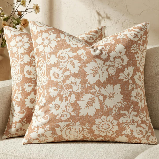 MUSSEL Light Coral Floral Pillow Covers 18x18，Vintage Decorative Throw Pillow Patterned Covers Neutral Modern Farmhouse Cushions Cotton Accent Covers for Sofa Bed Living Room Pillowcases Set of 2