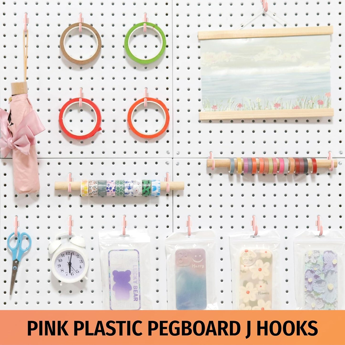 HUHOLE 100PC Pink J Shape Plastic Pegboard Hooks for 1/4 Inch Pegboards | Snap In Hooks with 15 lb Capacity for Jewelry, Crafts, Keys, Cables, Tools, Garage Organization and Retail