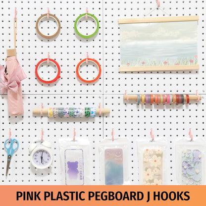 HUHOLE 100PC Pink J Shape Plastic Pegboard Hooks for 1/4 Inch Pegboards | Snap In Hooks with 15 lb Capacity for Jewelry, Crafts, Keys, Cables, Tools, Garage Organization and Retail