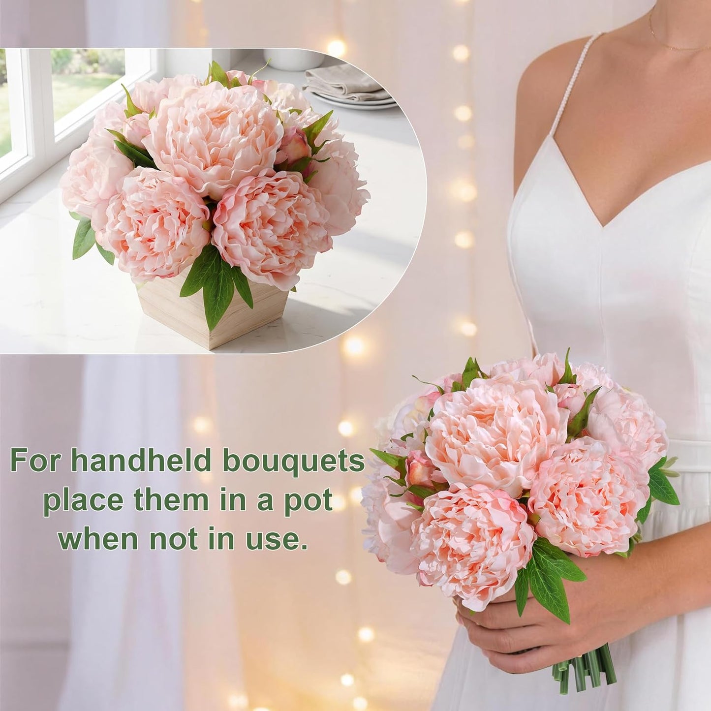 Artificial Hydrangea Flowers Arrangement in Wood Planter, 4PCS Fake Flowers in Wooden Vase Potted Floral Centerpieces for Tables Living Room Home Office Kitchen Decor (Light Pink Peony)