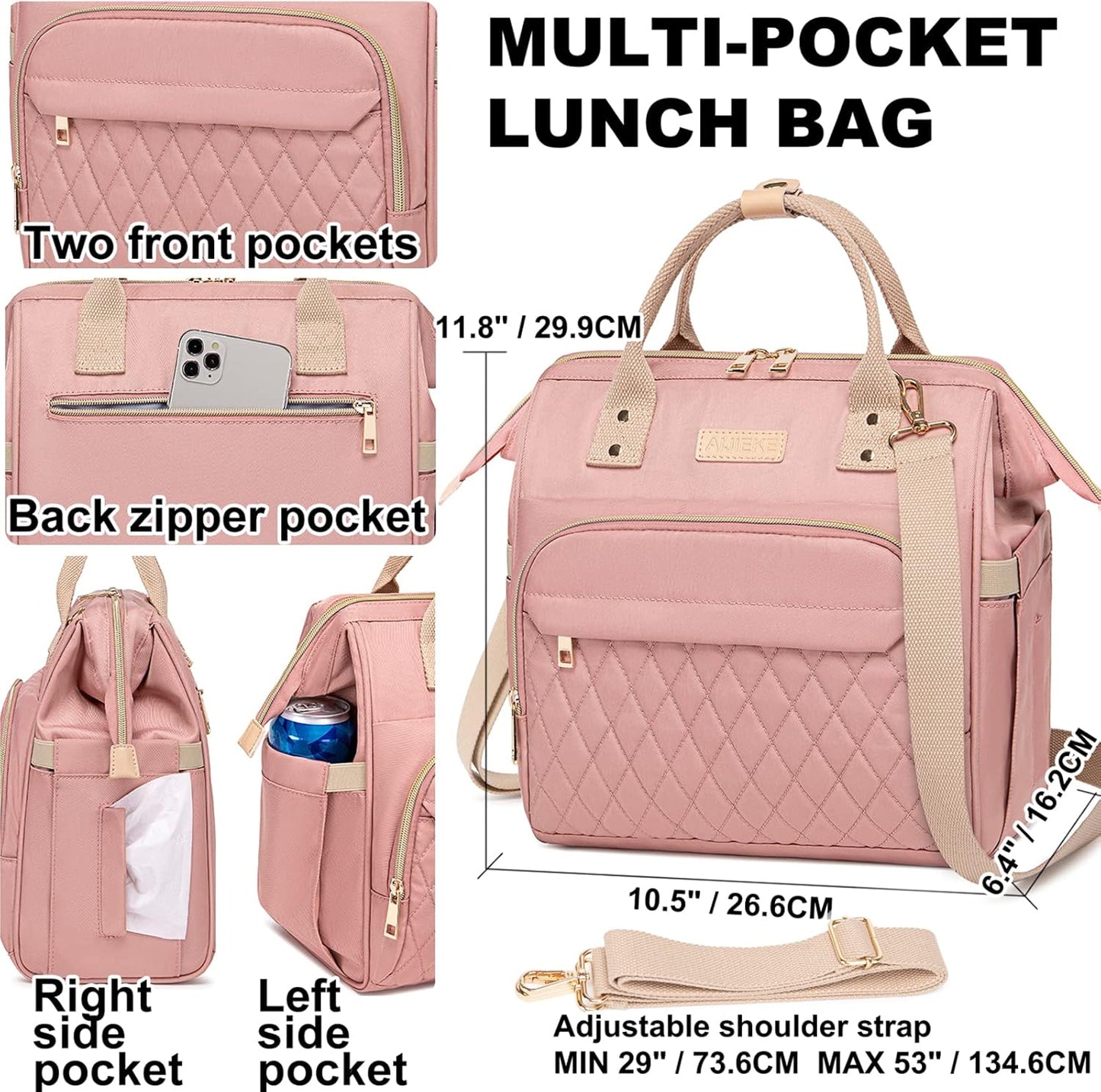 AIJIEKE Large Insulated Lunch Bag for Women, Stylish Leakproof Lunch Box for Work with Multi-Pockets & Adjustable Strap, Reusable Thermal Lunch Tote Cooler for Adult, Picnic, Beach, Pink