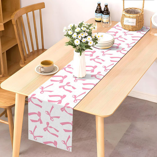 Pudodo Pink Bow Table Runner for Birthday Bridal Baby Shower Party Decorations Kitchen Dining Home Decor (Pink, 13" x 72")