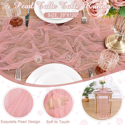 Dusty Pink Pearl Table Runner: Tulle 10ft Pearl Tulle Fabric Centerpieces Wedding Lace Tablecover Arch for Bridal Shower Veil Baby Shower Sweetheart Birthday Table Decorations