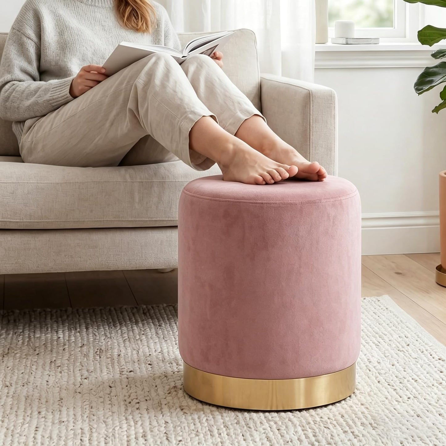 LSSBOUGHT Round Velvet Ottoman, 16" H Footrest Stool with Gold Metal Base, Modern Upholstered Vanity Stool for Living Room, Bedroom, Entryway (Pink, Set of 1)