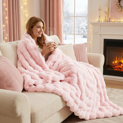 DREAMNINE Soft Faux Bubble Rabbit Fur Blanket Twin Size, Thick Cozy Decorative Warm Fuzzy Fur Blanket for Bed Couch Sofa Chair Bedroom Living Room Dorm Gift, 60 * 70 Inches, Pink