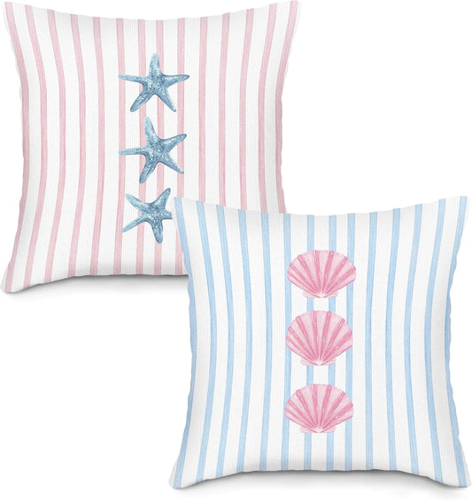Preppy Starfish Seashell Throw Pillow Covers Set of 2, Pink and Blue Striped Pillow Case Cover for Girls Room, Coastal Square Pillowcase, Beachy Coquette Cushion Cover Case for Couch,18x18