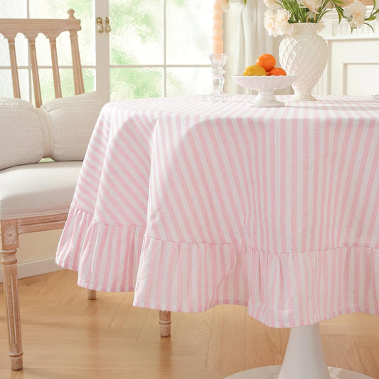 meioro Striped Ruffled Tablecloth Round Spring Cotton Blend Stripe Table Cloth with Tassel, Farmhouse Washable Wrinkle Free Table Cover for Valentines Day Outdoor Picnic Party Dining, Pink, 60'' Round