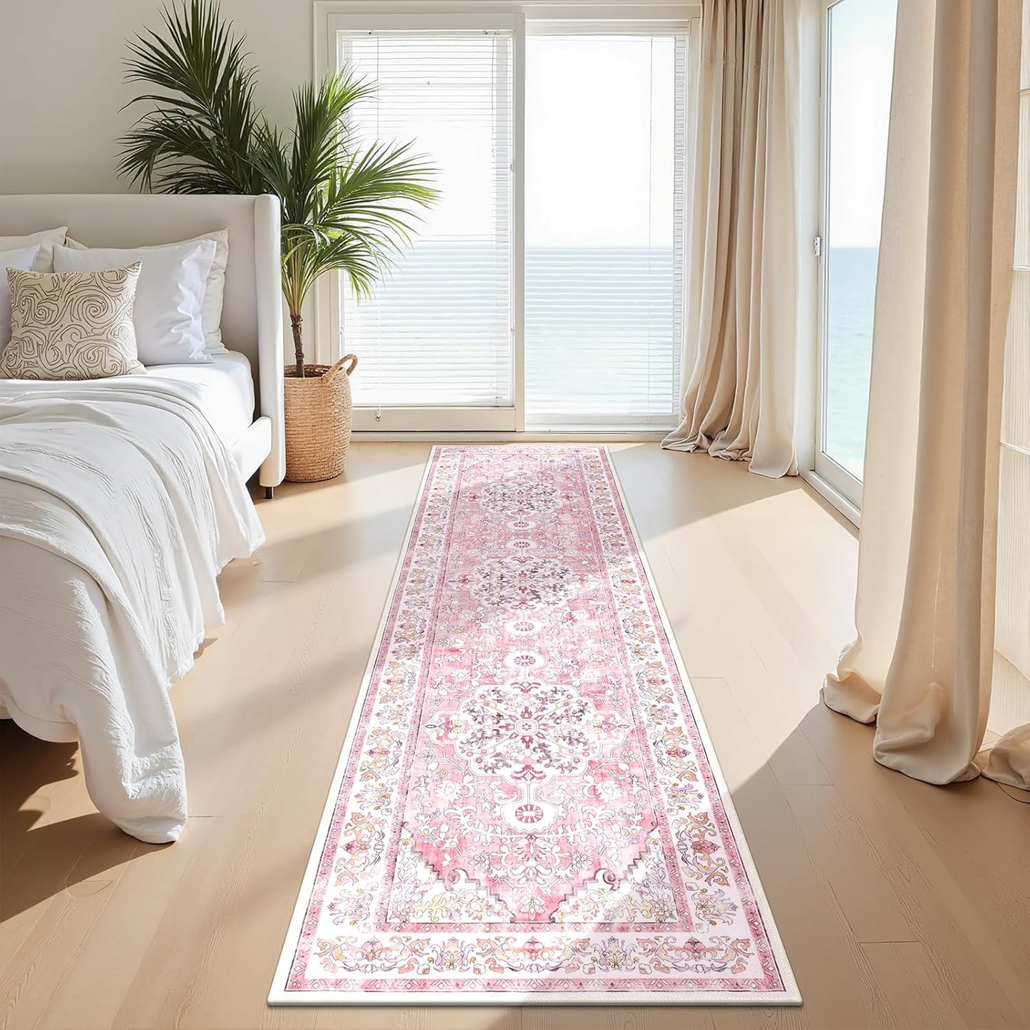 U'Artlines 2' x 8' Hallway Runner Rug, Pink Non Slip Washable Vintage Farmhouse Accent Rug Runner Carpet for Kitchen Entryway Laundry and Living Room(Peach Pink)