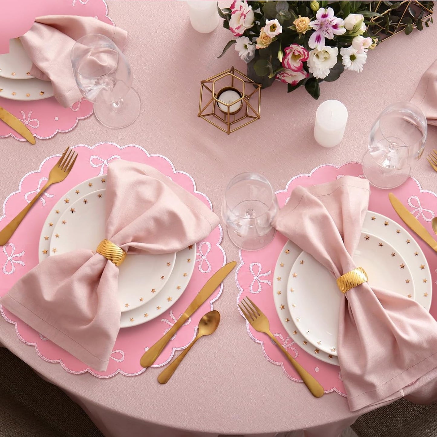 4 Pcs Pink Bow Placemats Coquette Embroidered Place Mats Pink Cotton Decorative Table Mats for Home Wedding Baby Shower Birthday Party Decor(Round Embroidered)