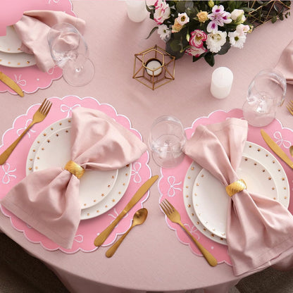 4 Pcs Pink Bow Placemats Coquette Embroidered Place Mats Pink Cotton Decorative Table Mats for Home Wedding Baby Shower Birthday Party Decor(Round Embroidered)