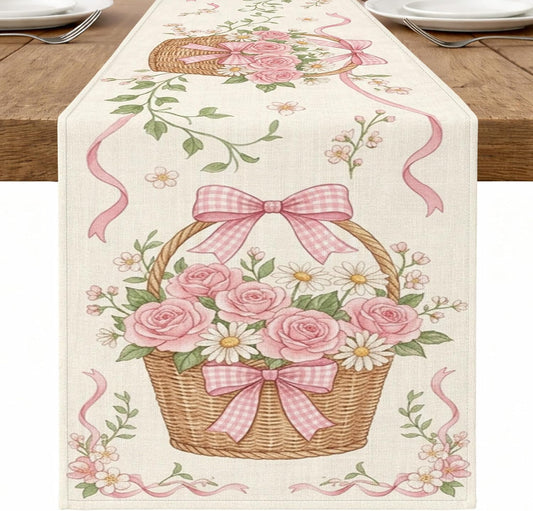 Vintage Floral Table Runner, Peach Roses Basket with Ribbons Country Style Home Dining Decor for Spring Family Gatherings 13x72 Inch