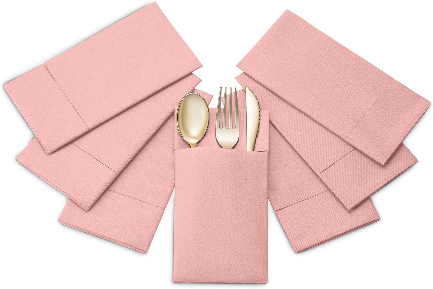 50-Pack Disposable Linen-Feel Dinner Napkins with Built-in Flatware Pocket, PINK Prefolded Cloth Like Paper Napkins For Valentines Day, Baby Shower, Dinner, Wedding Or Party [Silverware NOT Included]