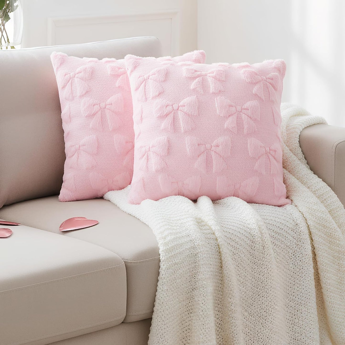 phnydreg Pack of 2 Pink Bow Throw Couch Pillow Covers 18x18in Plush Faux Fabric Pillowcases for Living Room Couch Bed Sofa Decor