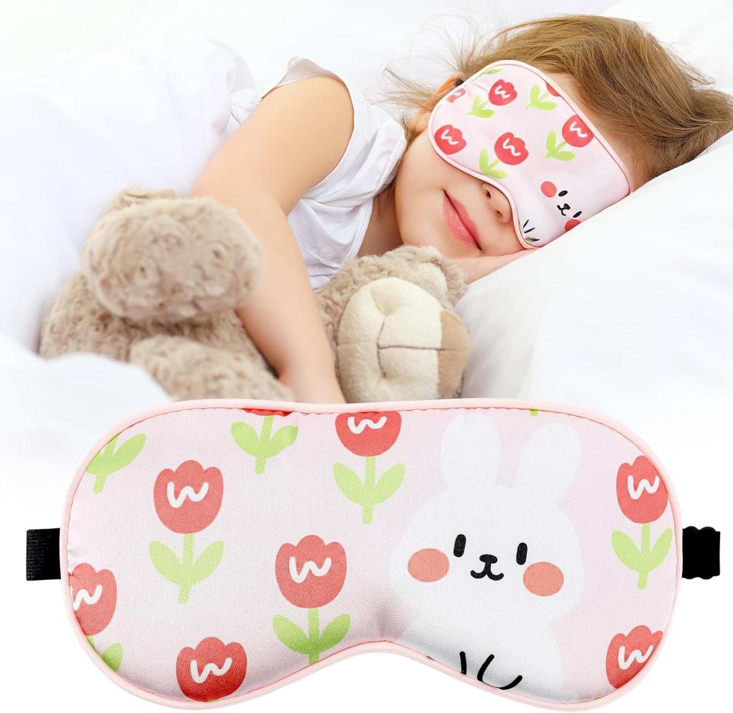 Cute Bunny Sleeping Eye Mask - Funny Pink Rabbit Eyes Mask with Adjustable Strap, Soft Lightweight Cartoon Animal Eye Cover for Night Sleep Travel Airplane Home Sleepover Party Gift Supplies