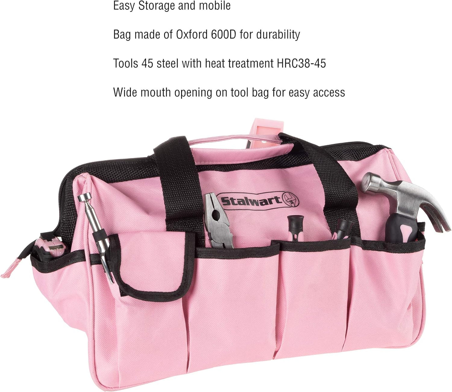 Stalwart - 75-HT4095 Tool Kit - 123 Pink Heat-Treatedpiece with Carrying Bag - Essential Steel Hand Tool & Repair Set For Apartments, Dorm, Homeowners