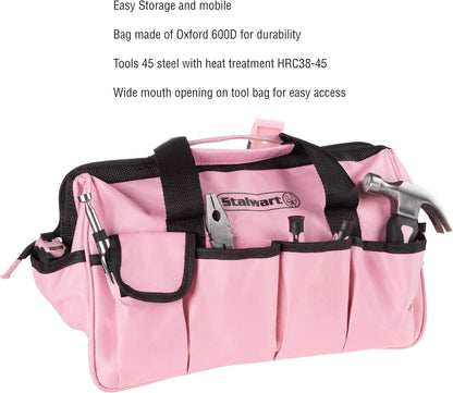 Stalwart - 75-HT4095 Tool Kit - 123 Pink Heat-Treatedpiece with Carrying Bag - Essential Steel Hand Tool & Repair Set For Apartments, Dorm, Homeowners