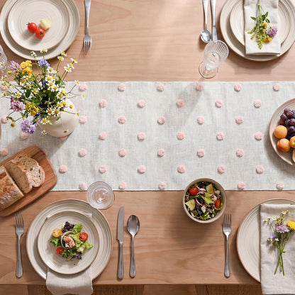 Artoid Mode Pink Pom Pom Tulle Table Runner, Seasonal Washable Kitchen Dining Table Decoration for Home Party Decor 12x72 Inch