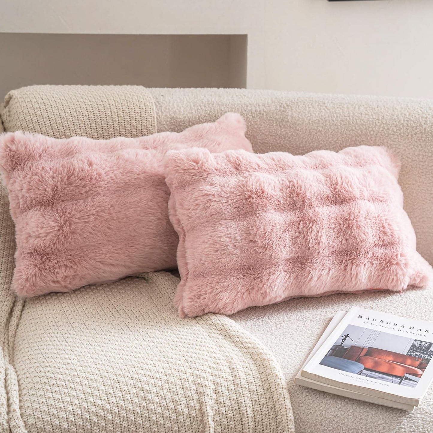 Neelvin Pink Faux Fur Pillow Covers Set of 2, Luxury Soft Fluffy Throw Pillow Covers for Couch, Fuzzy Decorative Plaid Plush Cushion Cases for Living Room Sofa Bedroom Decor