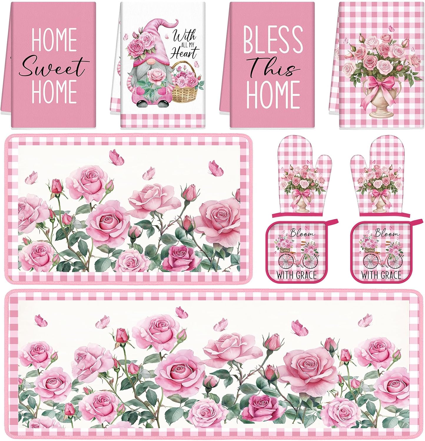 Fourluoo 10 Pcs Pink Rose Kitchen Decor Set Towels and Rugs Oven Mitts and Pot Holders Farmhouse Spring Kitchen Decor Set for Women Mom Gift Cooking Baking Grilling