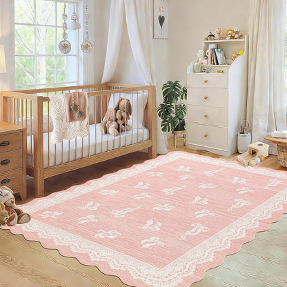 ORTIGIA 5x7 Scalloped Area Rug for Living Room, Pink Washable Low Pile Non Slip Rug with Bow Large Carpet for Girl Nursery Bedroom Playroom Dining Room Home Indoor Decor