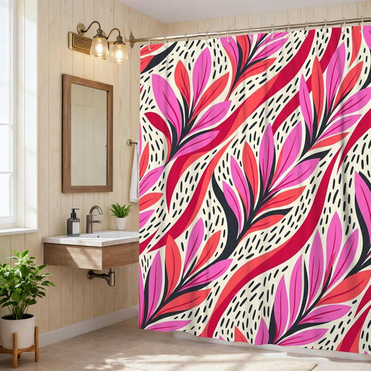Leaf Shower Curtain, Modern Abstract Waves Line Summer Peach Waterproof Fabric Design Print Bath Curtains Decor for Bathroom Guest Room 62x72 Inch