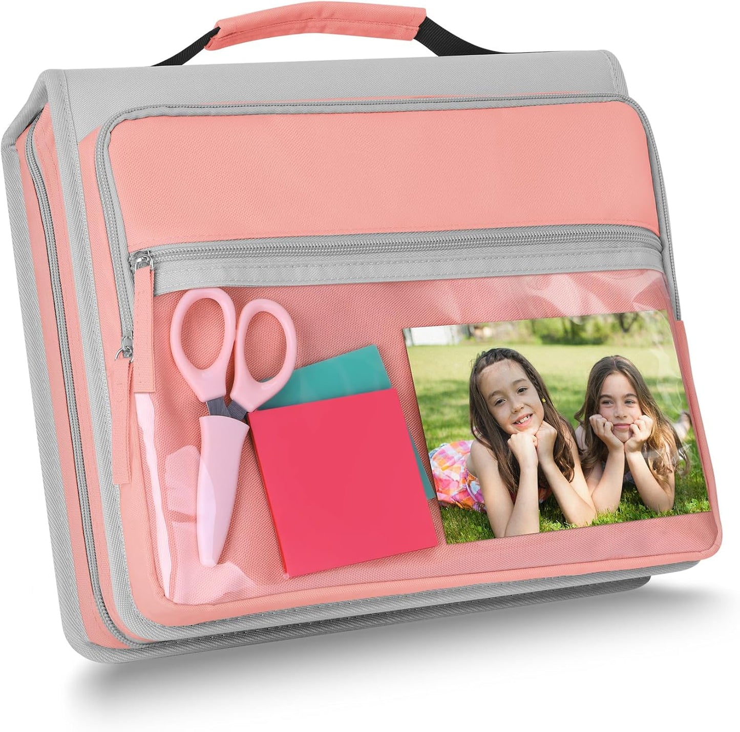 Ndsox Zipper Binder 3 Ring with Handle, 2 Inch O-Ring Document Organizer Middle School Binder with Zipper for Students, 5-Tab Expanding File Folder & 2 Mesh Pouches, DIY Clear Front Pocket, Pink