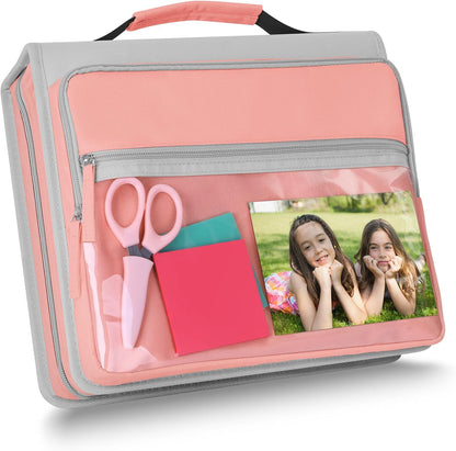 Ndsox Zipper Binder 3 Ring with Handle, 2 Inch O-Ring Document Organizer Middle School Binder with Zipper for Students, 5-Tab Expanding File Folder & 2 Mesh Pouches, DIY Clear Front Pocket, Pink