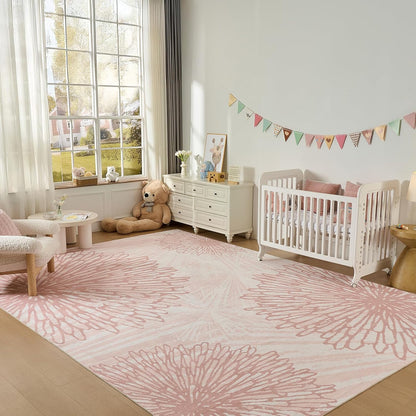Pink Rugs for Bedroom Girls: 8x10 Modern Large Washable Soft Cute Boho Floral Pattern Area Rug Neutral Indoor Floor Non-Slip Carpet for Living Room Dining Nursery Kids Playroom Baby Room House Decor