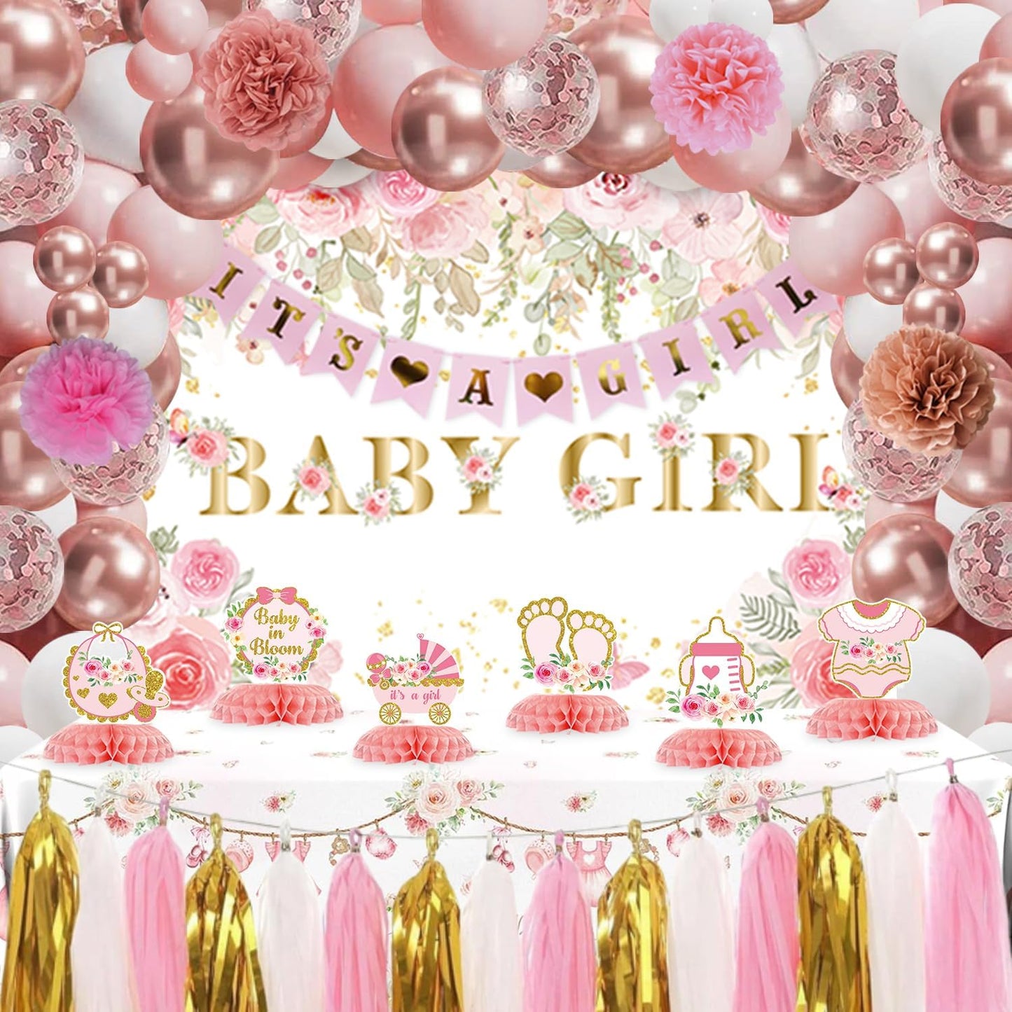 Floral Baby Shower Decorations for Girl, Pink Rose Gold Girl Baby Shower Decorations Party Supplies with Honeycomb Centerpieces Tablecloth Backdrop Tassel Balloons Arch Kit