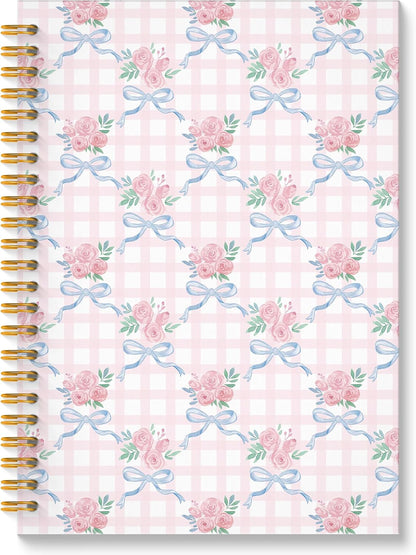 Coquette Floral Bow Spiral Notebook, Chinoiserie Pastel Pink Rose Floral Journal, Trendy Preppy Grandmillennial Flower Aesthetic Journal Notebook, 5.5x8.3 Inch