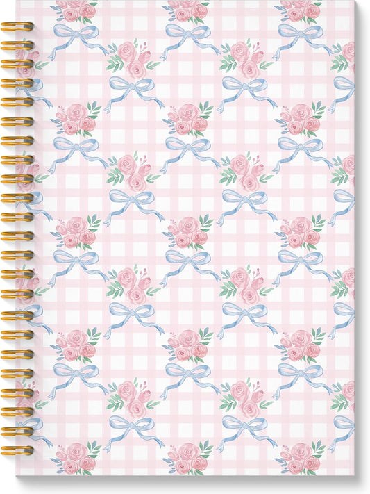 Coquette Floral Bow Spiral Notebook, Chinoiserie Pastel Pink Rose Floral Journal, Trendy Preppy Grandmillennial Flower Aesthetic Journal Notebook, 5.5x8.3 Inch