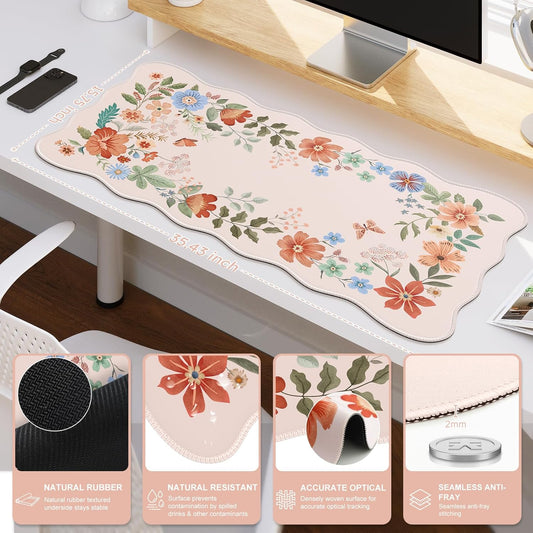iCasso Desk Mat, Scalloped Desk Matt for Desktop, Cute Desk Pad Mat, XXL Large Mouse Pad, Anti-Slip Big Mousepad with Stitched Edges, Keyboard Pad Mouse Mat for Computer(Light Pink)