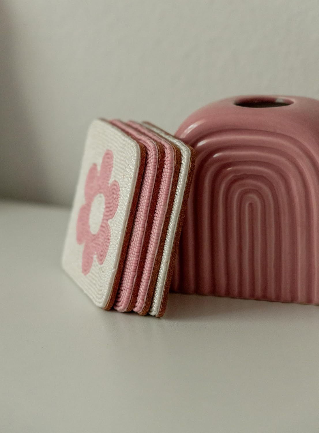 Handmade Beaded Coasters Set of 4, Handmade Boho Coasters for Drinks, Coffee Table Coasters, Cup & Drink Coasters, Pink Coaster Set, Pink Decor for Table, Gift for Her, Housewarming Gift Idea