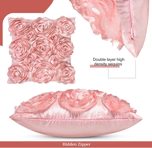 Oudain 6 Pcs Decorative 3D Rose Flower Pillow Cover, 16 x 16 Inch Faux Fur Throw Pillow Covers for Bed Square Sofa Bedroom Car(Pink Colors)