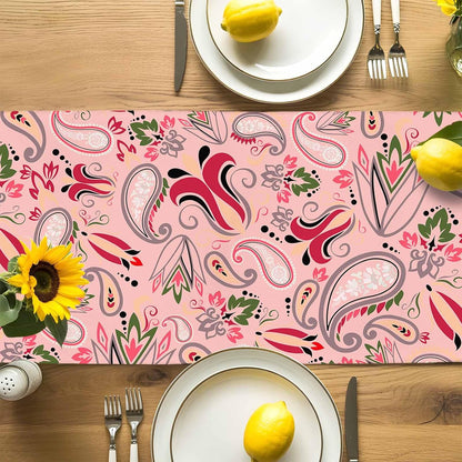 Vintage Baroque Style Floral Table Runners 13x72 Inches Long Linen Burlap Table Runner, Abstract Pink Paisley Flowers Tablerunners Dresser Scarf for Kitchen Dining Holiday Party Wedding Gathering