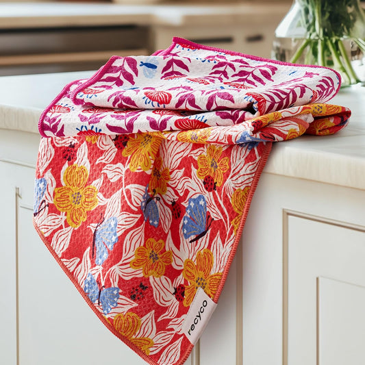 RECYCO Waffle Kitchen Towel Set of 2 - Quick Dry Microfiber Sustainable Dish Towels - Absorbent Reusable Cleaning Tea Towels - Lightweight Hand Towels,16”x 28”, Blossom Brilliance Pink