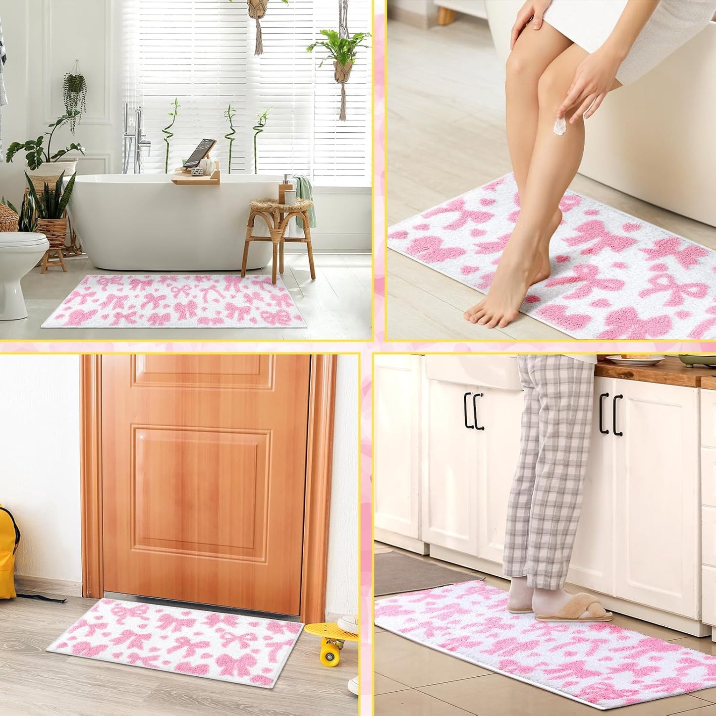 Duraaamo 2 Pcs Pink Bow Bathroom Rugs Non Slip Coquette Bow Bath Mat Aesthetic Decor Soft and Absorbent Microfiber Bath Rugs for Shower Floor Bathroom Decor Runner